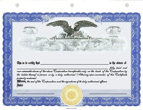 100 Blue CorpKit Standard Wording Corporation Stock Certificates (Eagle Border)