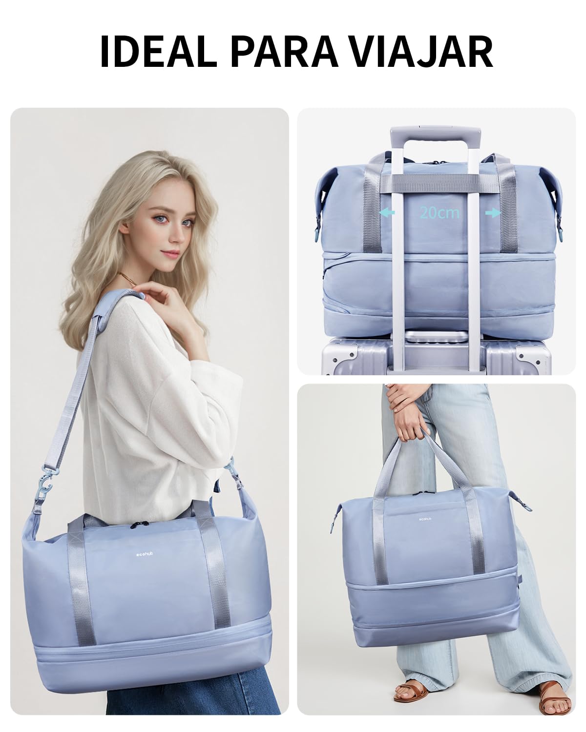 ECOHUB Bolsa Viaje 40x30x20 Expansible, para Ryanair Vueling Wizzair, Equipaje de Mano Impermeable, Húmedo Extraíble, Bolsos Maternidad Hospital, Bolsa Deporte Mujer, Patente Pendiente (Gris)