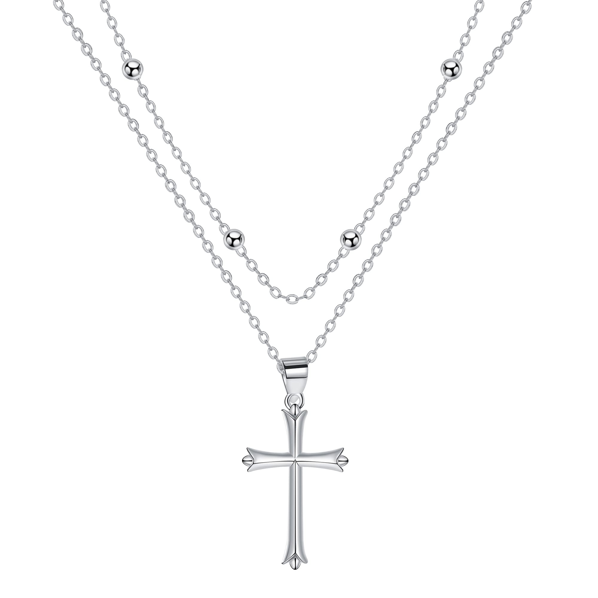 J.MUEN Cruz Collar Plata de Ley 925 para Mujer Collar Doble Cadena con Cuentas,Regalo para Hija/Esposa/Novia