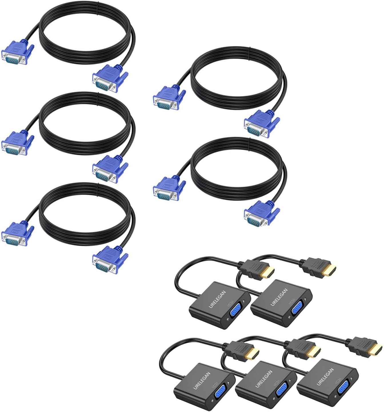 6ft VGA Cables Bundle HDMI to VGA Adapter 5-Pack 1080P@60Hz for Computer, Desktop, Laptop, PC, Monitor, Projector, HDTV, Roku, Xbox and More