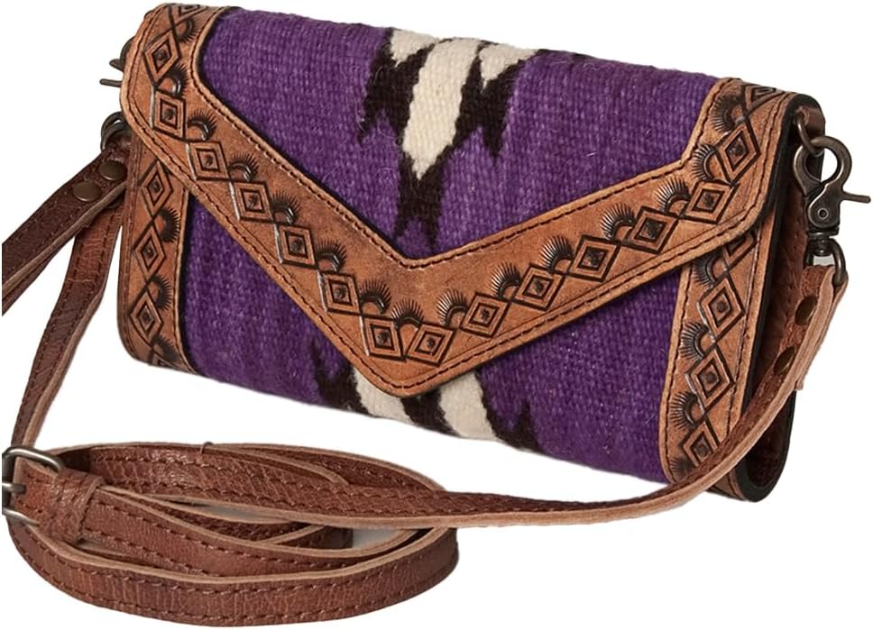American Darling Envelope Western Hand Tooled Genuine Leather and Saddle Blanket Purse with Wristlet and YKK Zipper