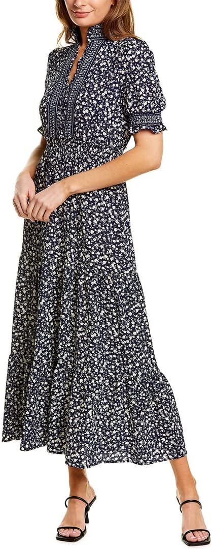 London Times Women's Petite Smocked Puff SLV Ruffle Nk Tiered Midi Dress
