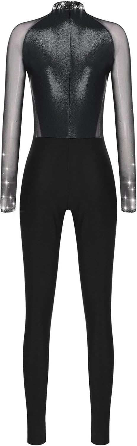 ranrann Women One Piece Gymnastic Unitard Mock Neck Color Block Leotard Overalls Dance Jumpsuit Full Body Suit