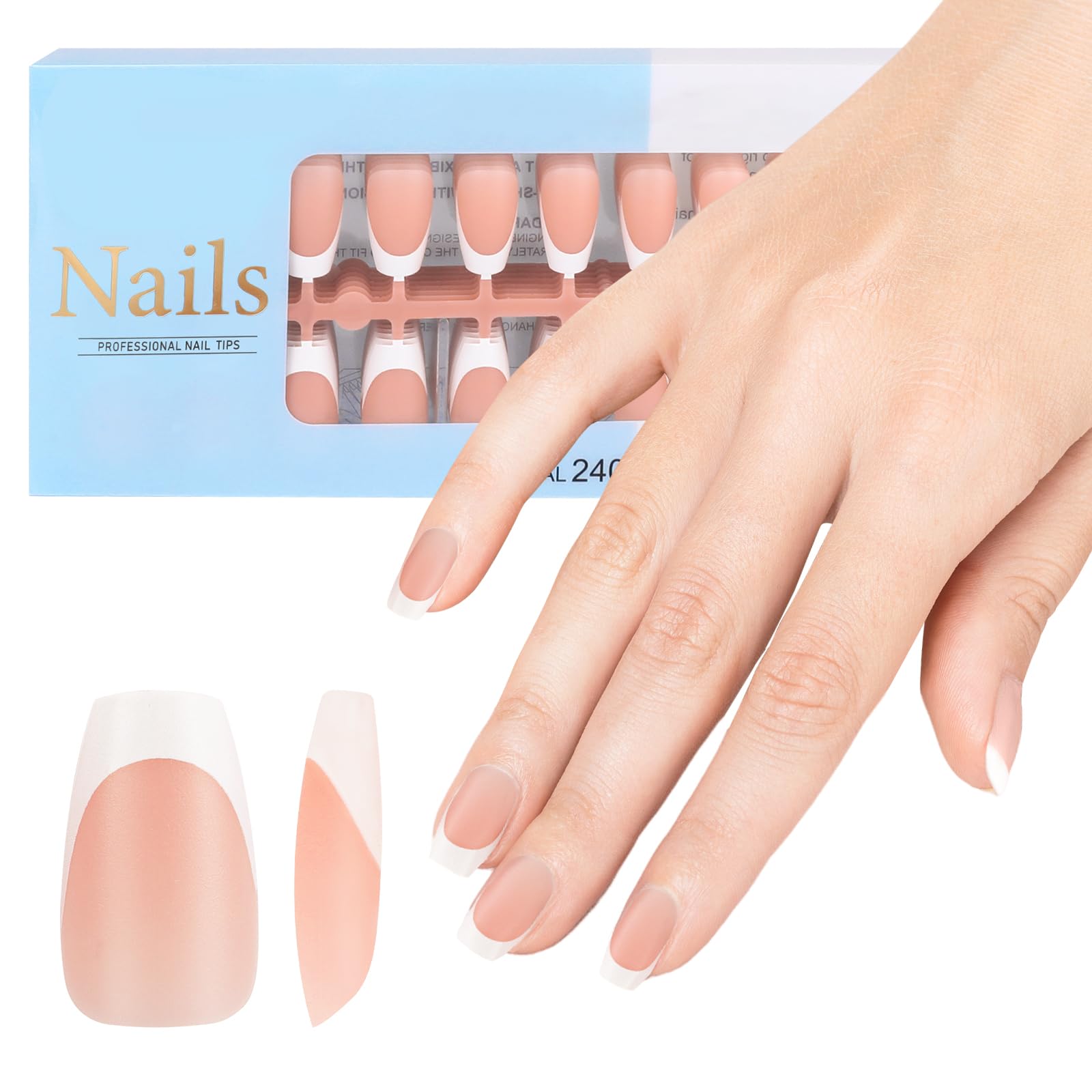 JSRQT 240 Piezas Uñas Postizas con Punta Francesa, Ataúd Corto Francés Press on Nails, Artificiales Uñas de Gel para Extensión, X-Coat Tip Pegarse en Uñas Francesas Nail Art DIY Mujeres Niñas (Marrón)