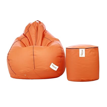 Sattva Combo Classic XL Bean Bag Cover and Round Footstool (Without Beans) - Orange with Navy Blue Piping