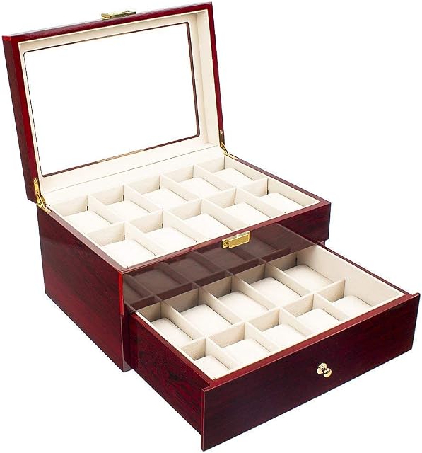 Tcatec Wood Watch Box for Men 20 Slots Glass Top Wodden Watch Display Storage Organiser Case Drawer with Removable Cushions Collection Gift