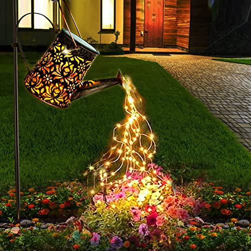 LOGUIDE Solar Outdoor Lights Decorative,Solar Waterfall Lights,Metal Hanging Solar Watering Can with Cascading Lights and Shepherd Hook Waterproof for Garden,Patio,Backyard,Flower,Lawn,Birthday Gifts Cover