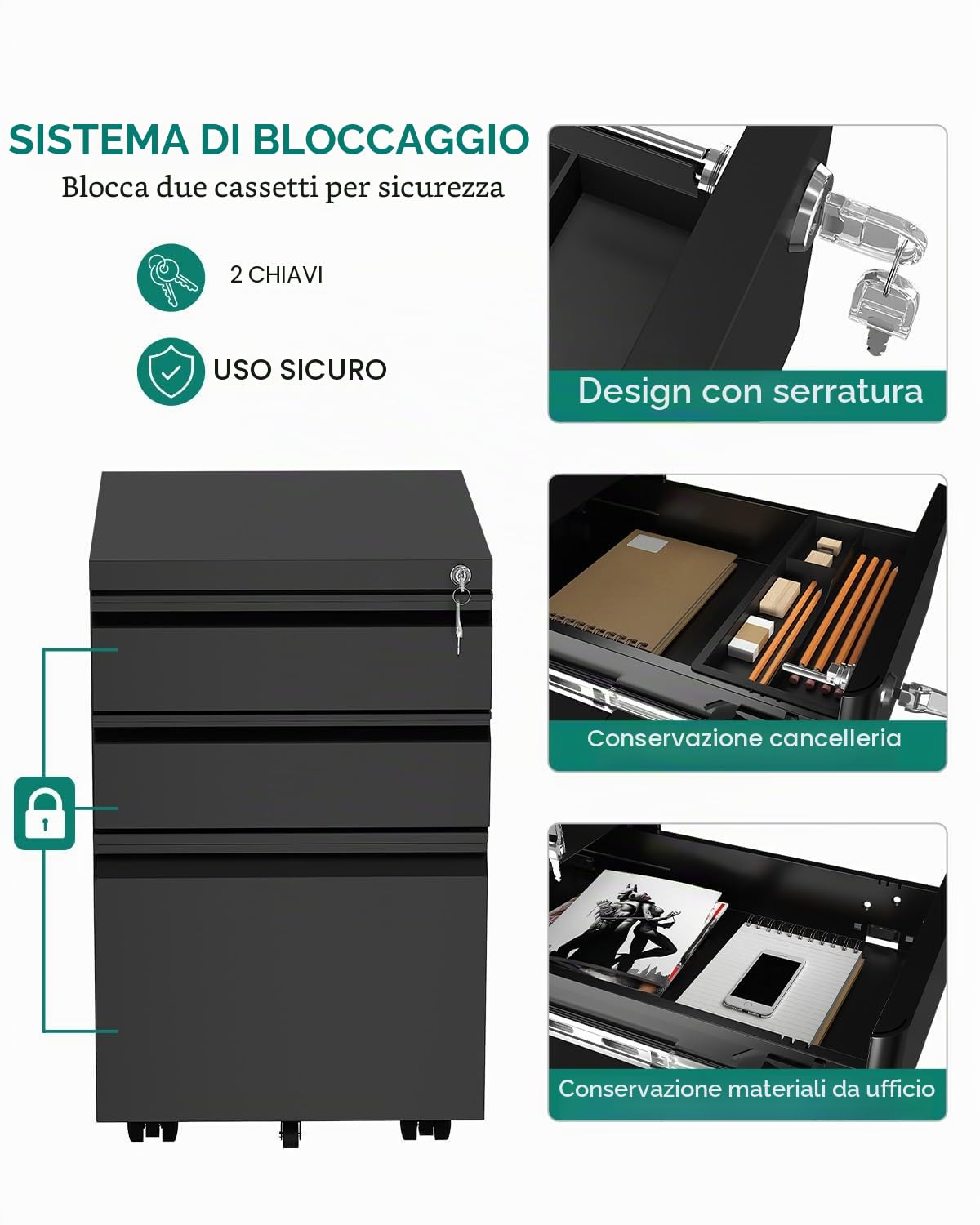 YITAHOME Armadietto portadocumenti completamente assemblato con serratura a 3 cassetti per lettere/legale/A4, per ufficio e casa mobile con ruota, nero, 46x39x62 cm