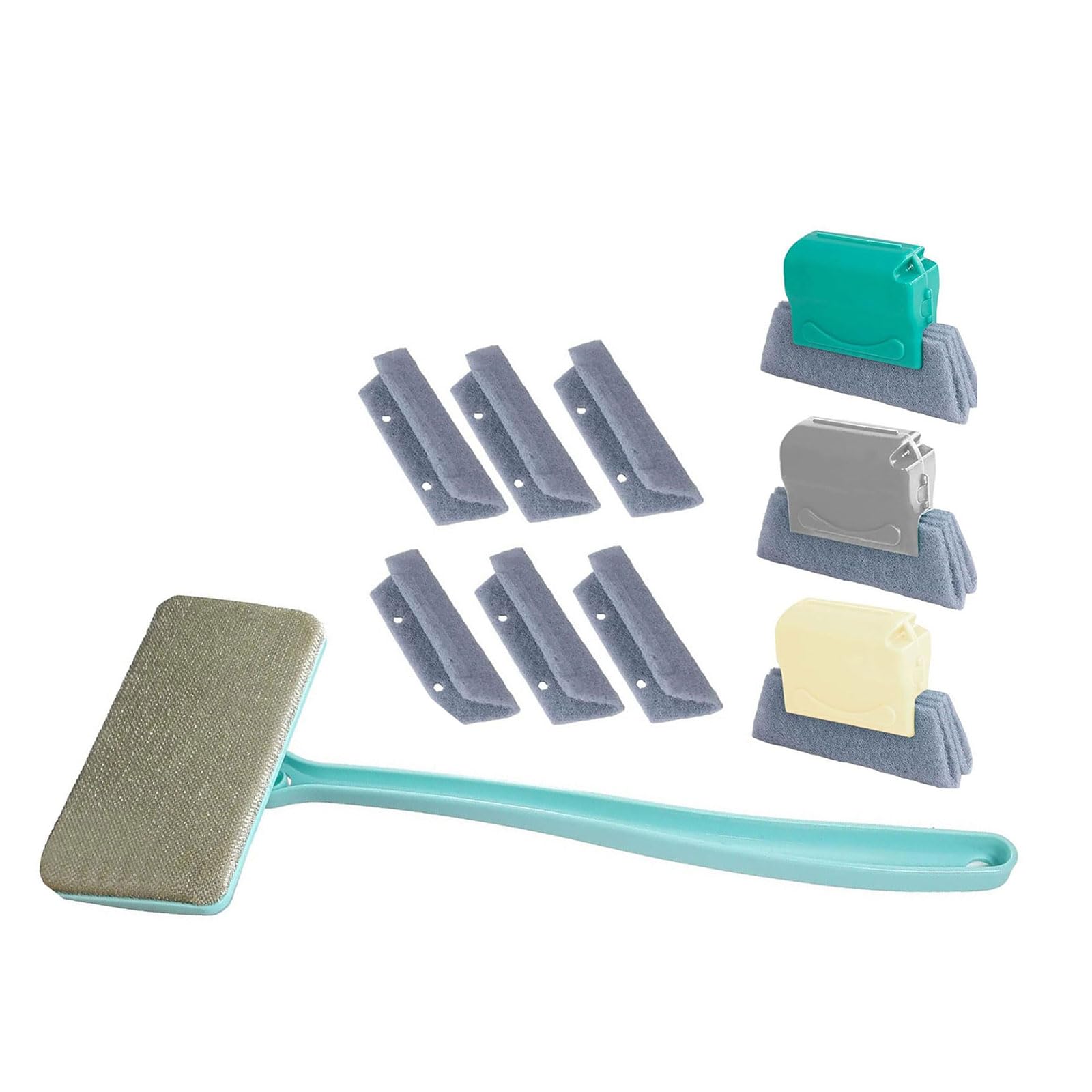 Set per la pulizia dei binari delle finestre a due scopi, con spazzole intercambiabili, 6 panni lavabili, manico estensibile da 37 cm