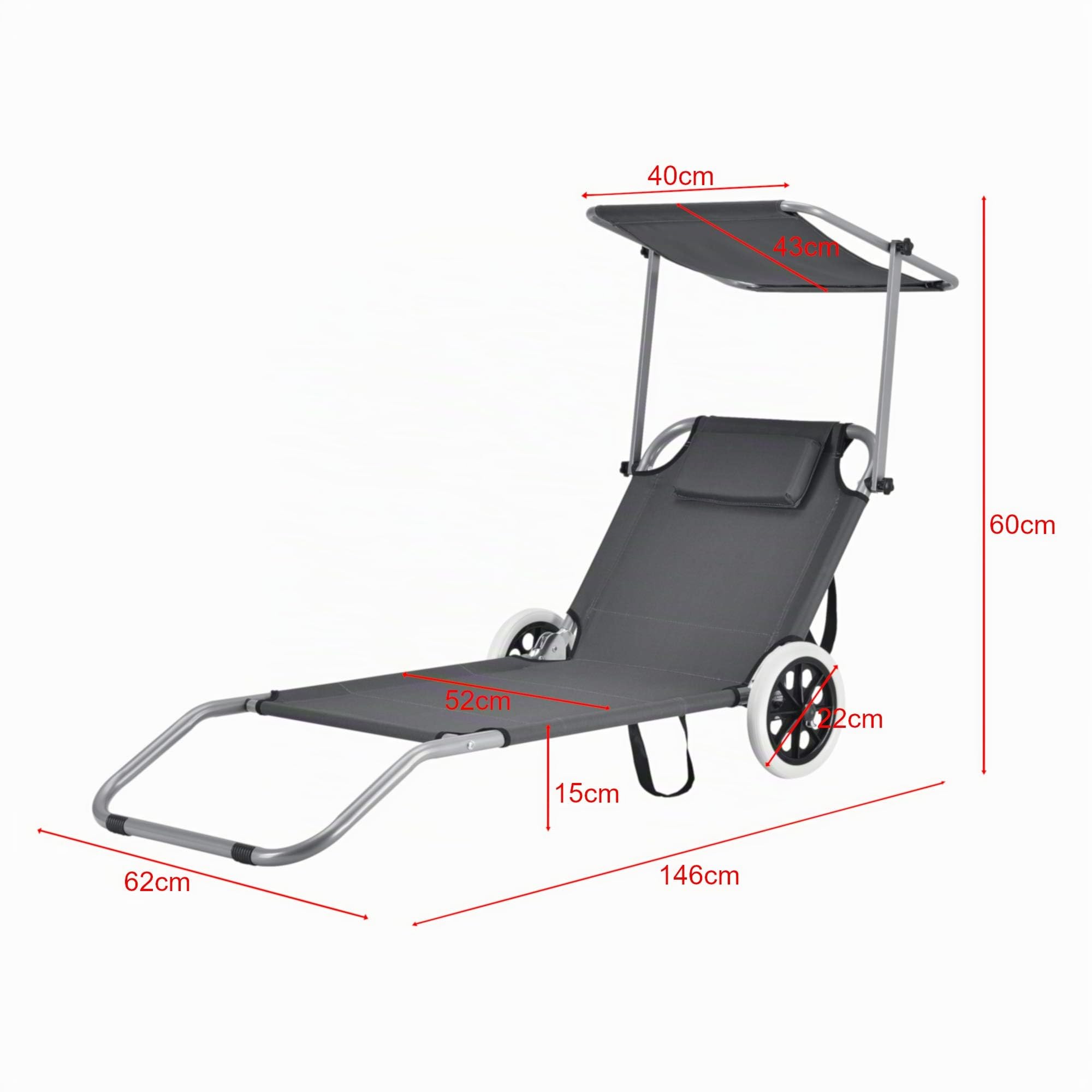 casa.pro Tumbona Jardín Falun Tumbona Plegable con Toldo y con 2 Ruedas Silla de Playa Hamaca Muebles Jardin Exterior máx 110 kg Silla Reclinable Tela/Acero 146 x 62 x 60 cm - Gris Oscuro
