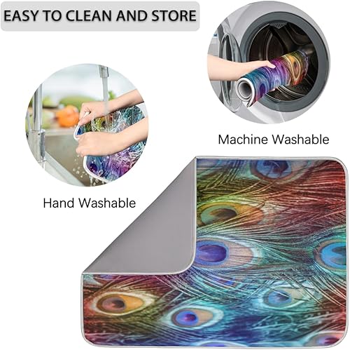 Miniatura 6 de Tapete de secado de platos de color pavo real prémium para encimera de cocina, tela de poliéster absorbente, respaldo antideslizante, ideal para