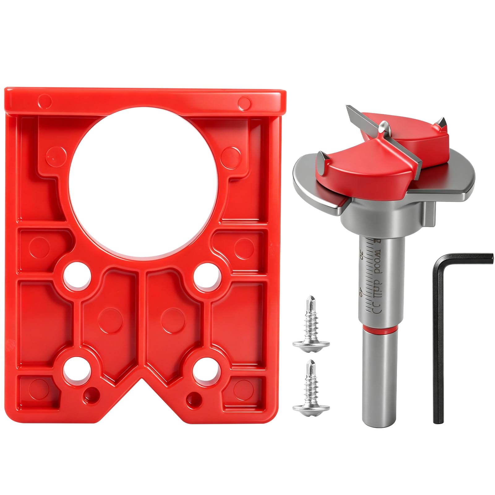 35mm Hinge Jig Drill Guide Concealed Forstner Bit Set Positioner Hole Cutter Saw with Drill Guide Plate Template for Cabinet Door Wood Furniture Kitchen Cupboard Mounting Plate red