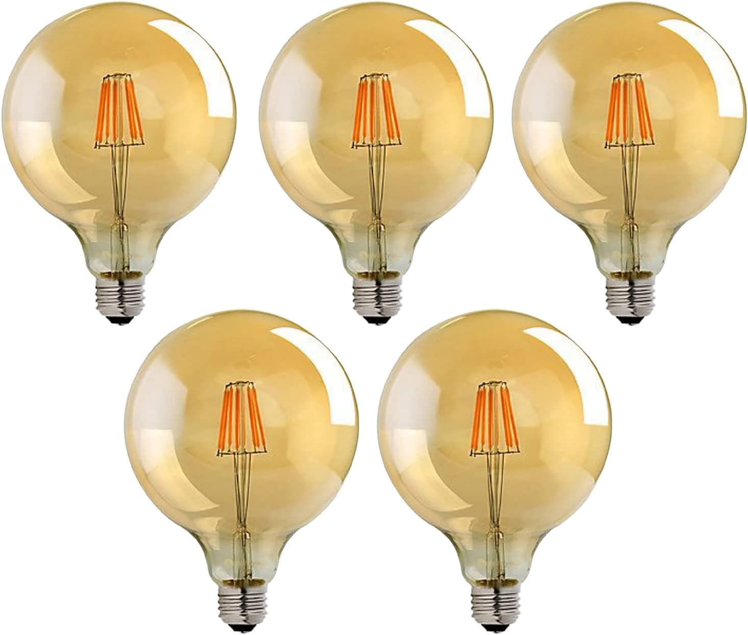 Pack 5 | LED E27 Light Bulb, G125 8W (Equivalent 60W) Dimmable 2700K Warm White LED Filament Screw Base 806 Lumens Amber Glass Vintage Style Globe Old Fashioned Globe Bulb for Home Decoration