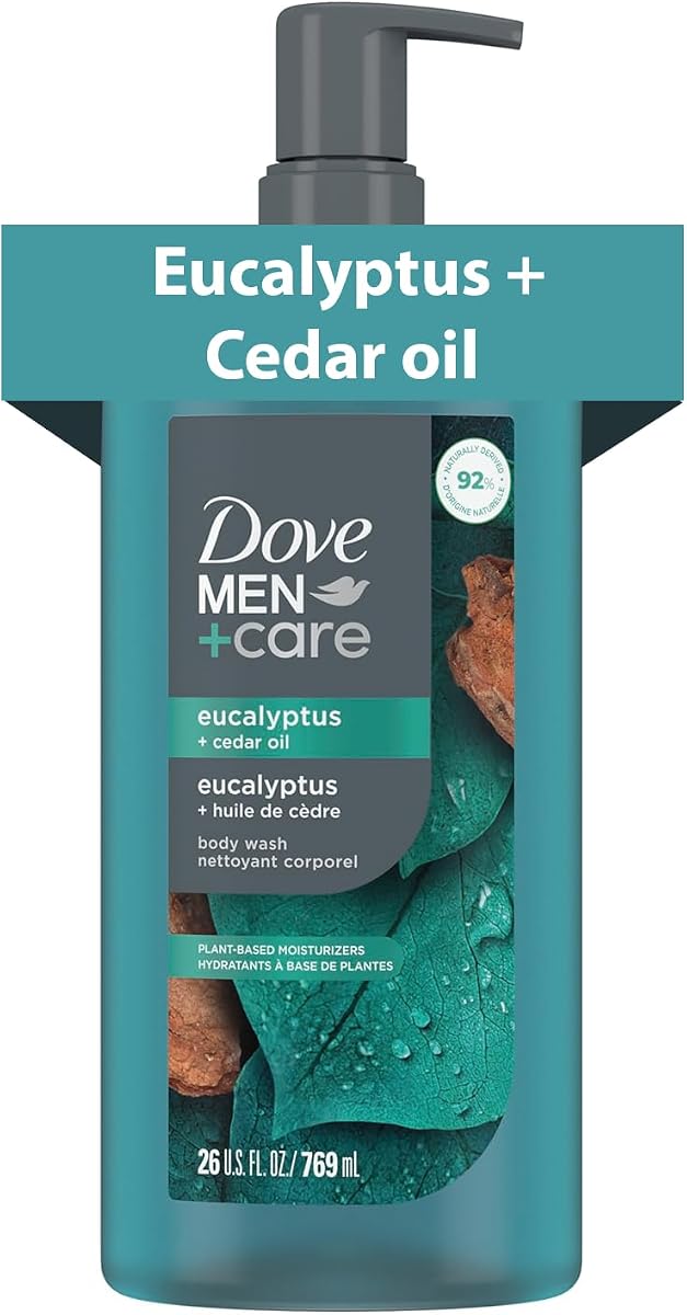 Dove Men Gel de baño hidratante, eucalipto + aceite de cedro, 26 oz | Ayuda a nutrir e hidratar la piel, con humectantes a base de plantas, para duchas diarias