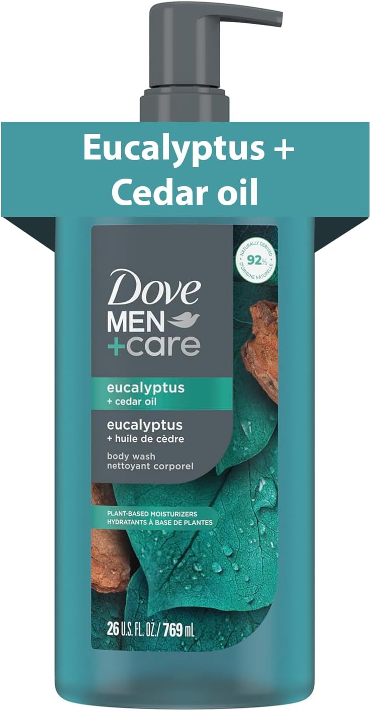 - DOVE MEN Moisturizing Body Wash | #1 Dermatologist Body Wash for Men, Sulfate Free, Paraben Free, & Dye Free | Eucalyptus + Cedar Oil, 26oz