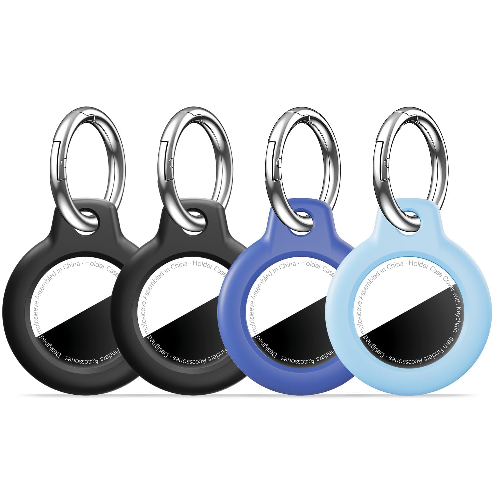 MOLOSLEEVE [4 Pack Case for AirTag 2nd Gen (2026) &amp; 1st Gen, Holder Anti-Scratch Protective Cover for Air Tags, Men's Women's Keyrings &amp; Keychains for Keys, Luggage, Black/Black/Blue/Light Blue