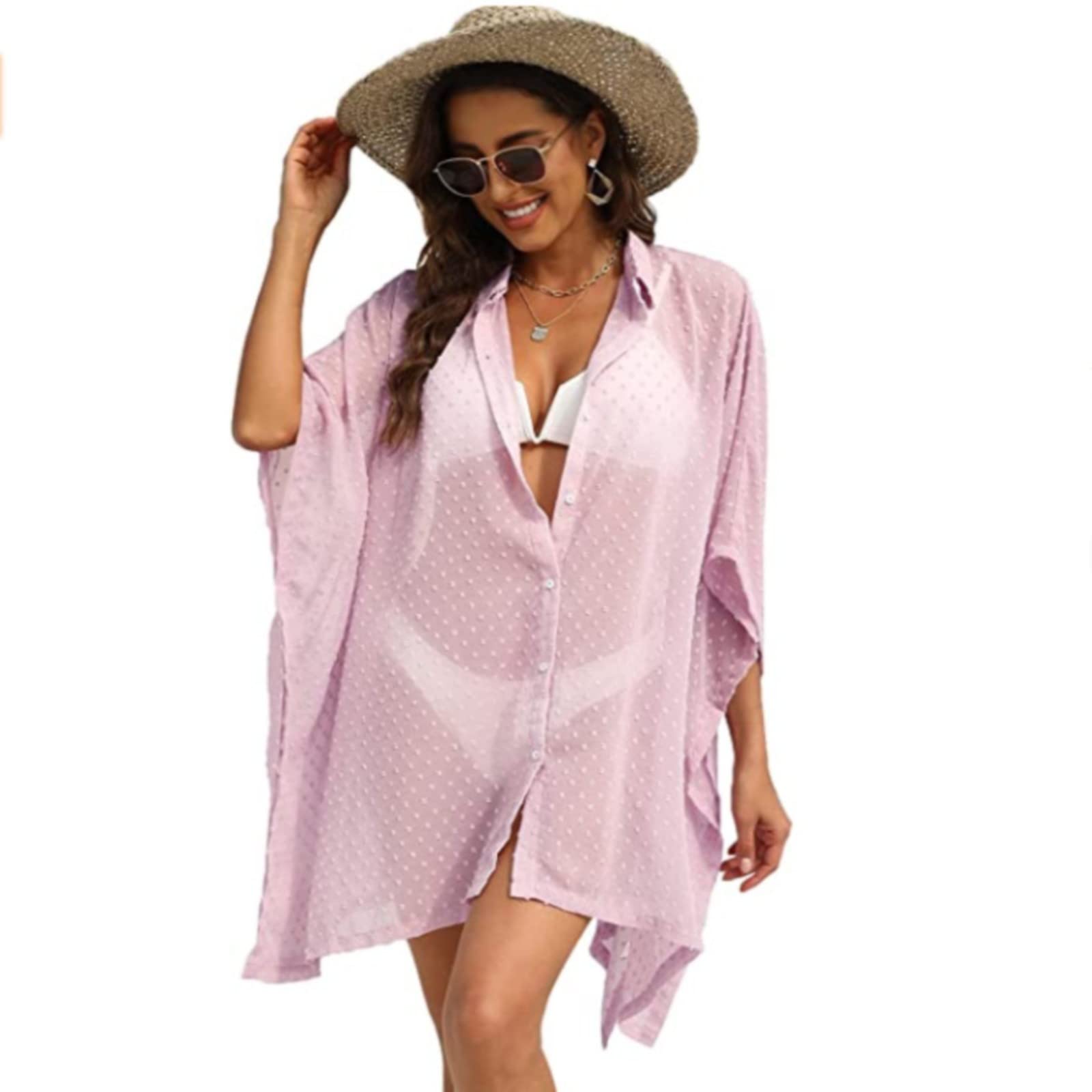 Strandkleid Swimsuit Cover Up for Women Plus Size Bathing Suit Cover Up Button Up Shirts Dots Splicing Casual Beach Cover Ups Strandkleider(Blue,L)