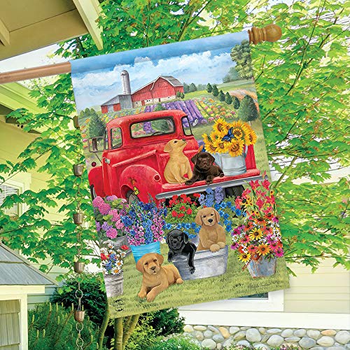 Spring Day Puppies House Flag Red Pickup Truck Floral 28" X 40" Briarwood Lane #TOP2