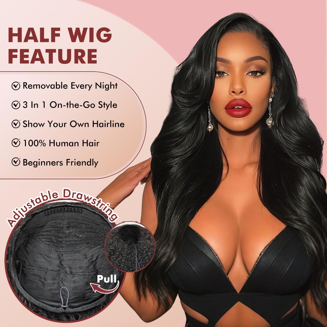 Body Wave Half Wig Human Hair 180% Density 3 In 1 Seamless Flip over Glueless Half Wigs with Drawstring Wear and Go Wig Human Hair for Women Beginner Friendly Natural Black (Natural Color, 16 inch)
