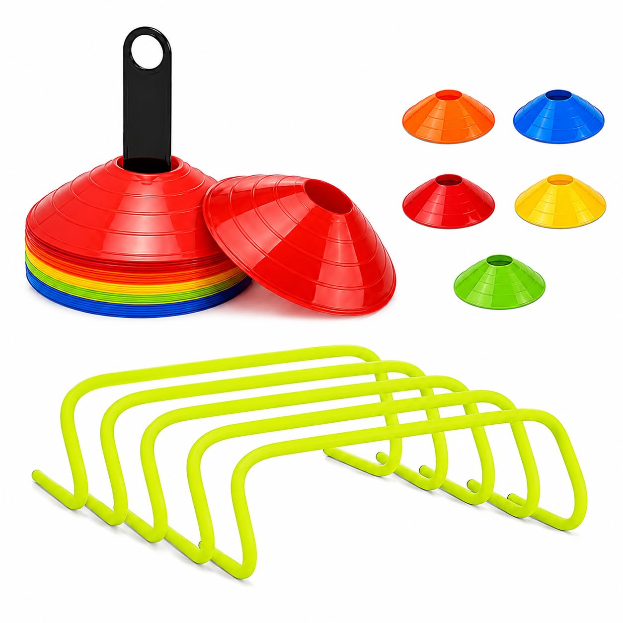 KGE Sports Training Cones with Agility Hurdles Set | 20 Multicolor Disc Marker Cones with Holder & 6 Speed Hurdles | Football, Cricket, Soccer, Basketball, Kids Training & Fitness Drills Equipment-image-33
