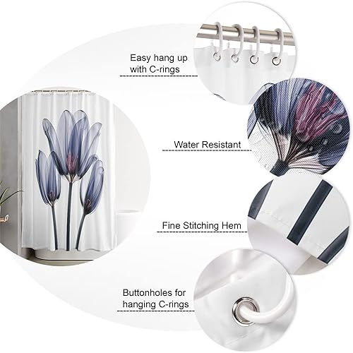 Miniatura 7 de Cortina de ducha, fotografía abstracta de tulipanes de flores azules transparentes, juego de cortina de ducha de tela impermeable con 12 ganchos,