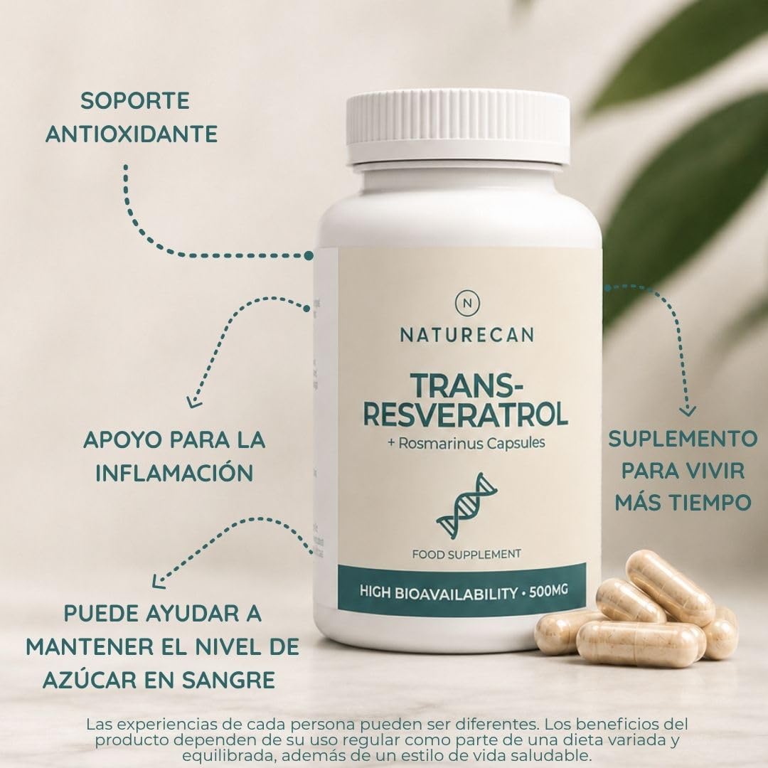 Naturecan Resveratrol y Romero - 500 mg - 60 cápsulas - Suplemento dietético - Fabricado en Europa