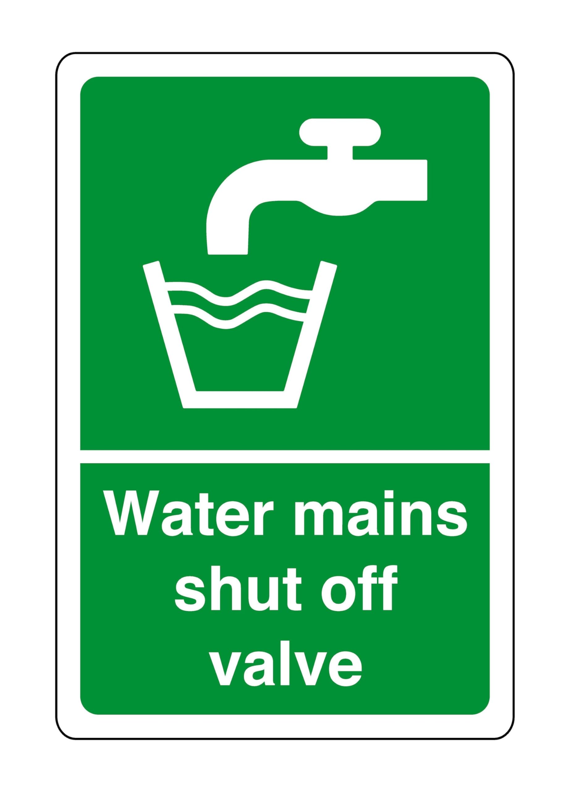 Safety First Display Ltd Green/White Water Mains Shut Off Valve - Safety Sign - High Tack Self-Adhesive Sticker (400Mm X 300Mm) Viewing Distance Within 14M.
