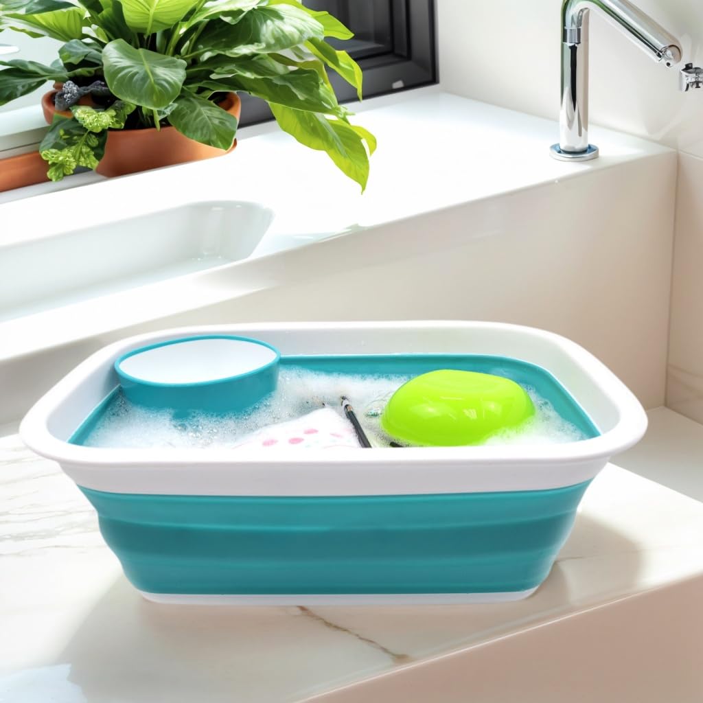 SAMMART Bassine pliable et portable pour pique-nique, courses et rangement gain de place Bleu clair 9,2 l
