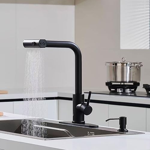 Miniatura 28 de Grifos de cocina de níquel cepillado con rociador desplegable y dispensador de jabón, un solo orificio y mango, grifo extraíble, grifo de fregadero