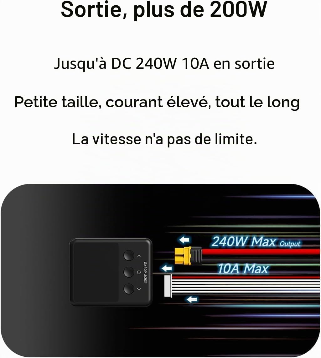 Chargeur de Batterie ISDT 608PD Lipo DC 6S/240W/10A USB C 100W/5A pour Batteries RC Chargeur d'équilibrage pour Batteries Life/Lilon/LiPo/LiHV (1-6S), NiMH (1-16S), Pb (1-12S)