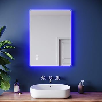 80x60cm Illuminated Bathroom Mirror with Bluetooth, Blue Atmosphere LED Bathroom Mirror with Shaver Socket, 3 Colors Dimmable, Anti-Fog, Memory Function, IP44, Horizontal/Vertical