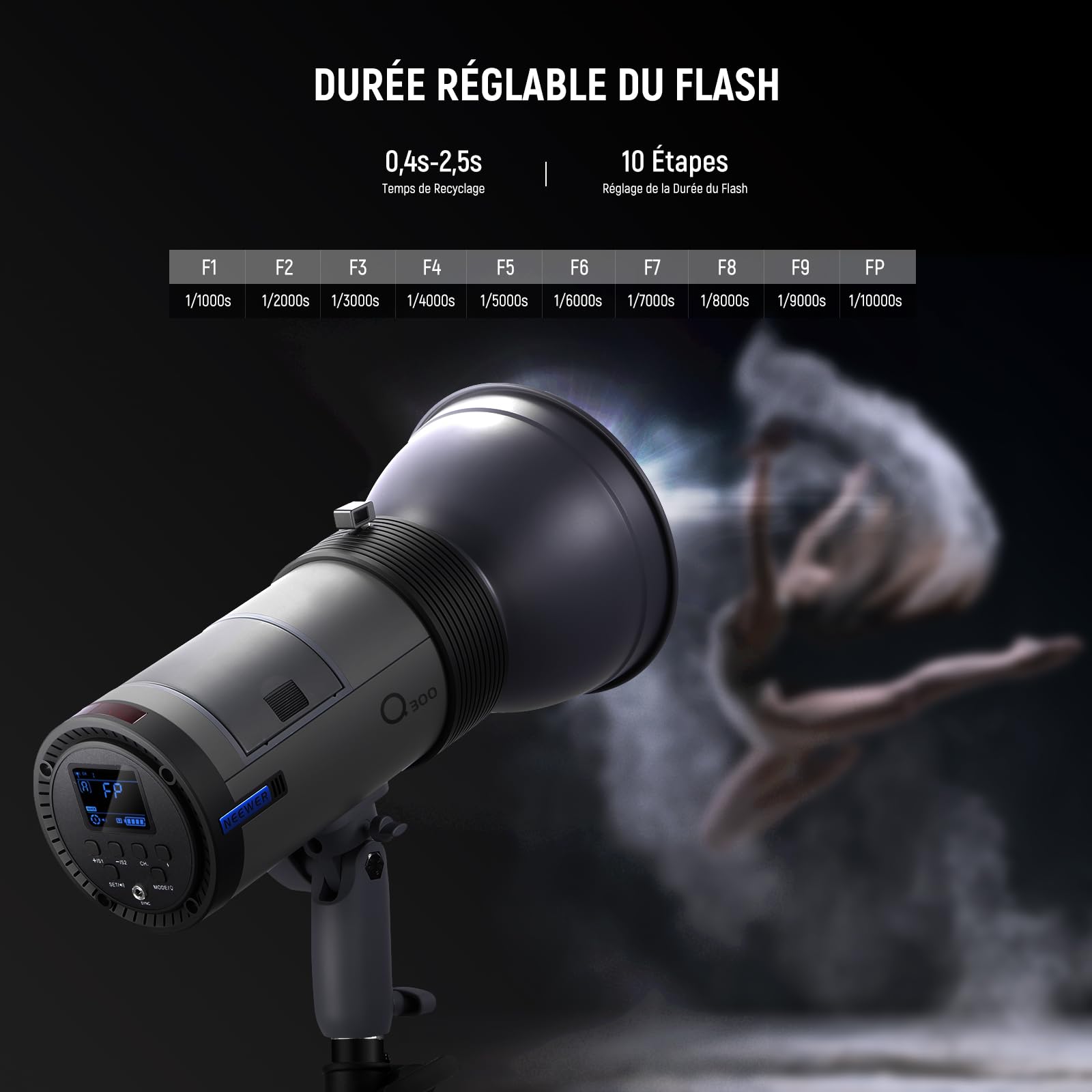 NEEWER Q300 Flash de Studio Extérieur 300Ws 2,4G avec Déclencheur sans Fil Q Compact, Batterie Li-ION 7800mAh,éclairage Stroboscopique pour Studio Photo,Monobloc sans Fil 1000 Flashs Pleine Puissance