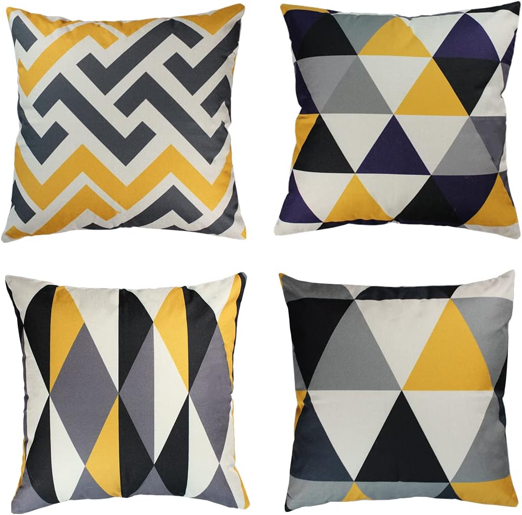 OYIMUASet of 4 Decorative Cushion Covers Yellow and Grey 20x20 inches Linen Geometric Pillow Covers 50cm x 50cm Square Pillowcases for Outdoor Furniture Garden Living Room