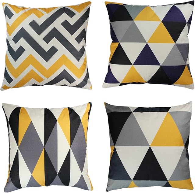 OYIMUA Set of 4 Decorative Cushion Covers Yellow and Grey 18x18 Linen Geometric Throw Pillow Covers 45 x 45cm Square Pillowcases for Outdoor Furniture Garden Living Room Sofa Farmhouse Decor