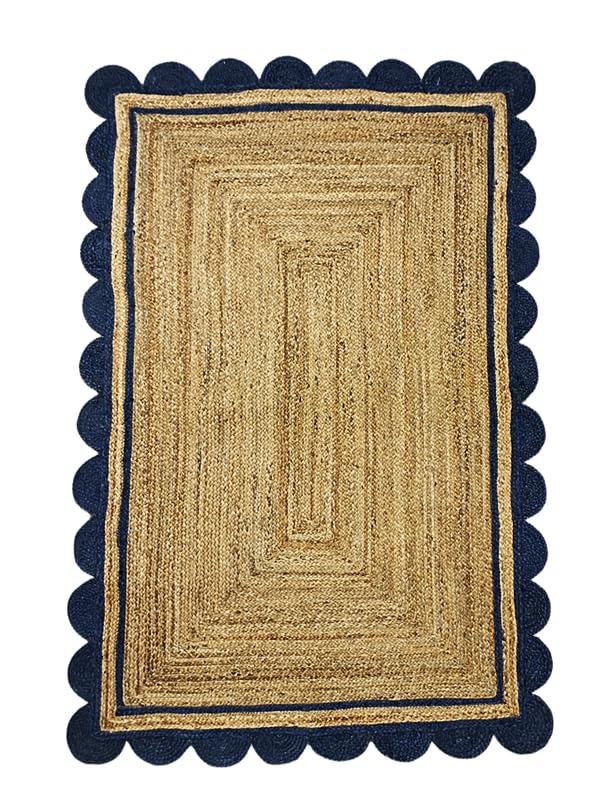 Tappeto quadrato in iuta fatto a mano, blu navy e beige, 2,1 m, decorazione per fattoria