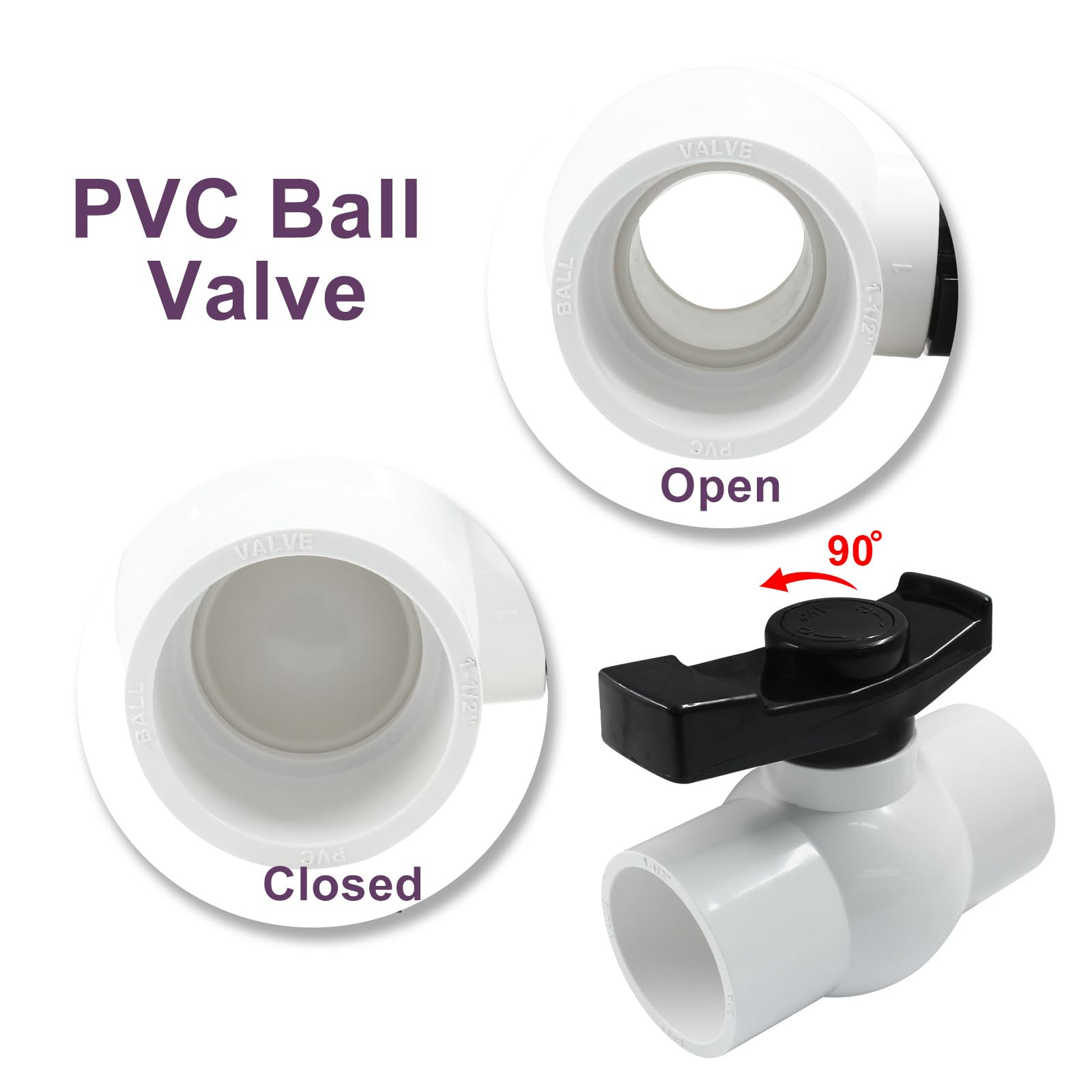 Válvula de bola de PVC de 2 pulgadas, 2 válvulas de cierre con deslizamiento fácil de girar, válvula de bola de PVC con mango ágil en "T", adecuada para uso comercial, piscina, sistema de