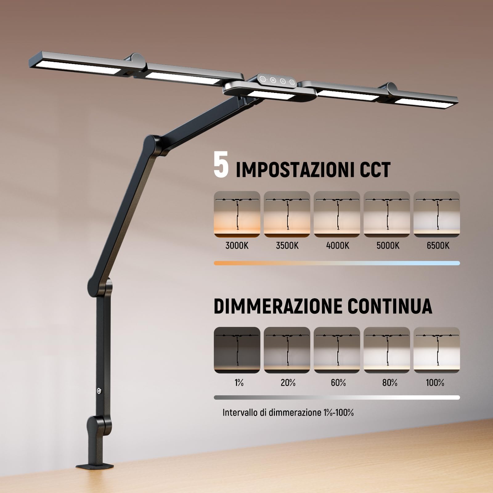 NEEWRE BASICS 32,5" Luce LED per Ufficio Domestico, Luce con Morsetto per Architetto Dimmerabile 23W, 5 Barre LED per Computer Drafting Table Desk Videoconferenza Atmosfera, DL01
