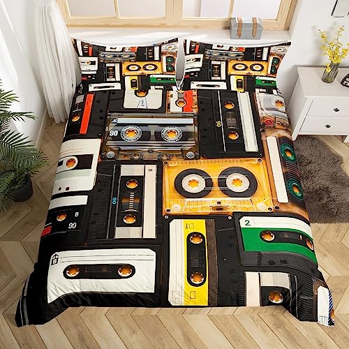 Homewish Cassette Tape Comforter Cover 80S Party Bed Set, Plastic Tapes Duvet Cover Double Classical Music Theme Bedding Sets, Old Fashion Bedspread Cover Vintage 70S Party Decorations 3Pcs