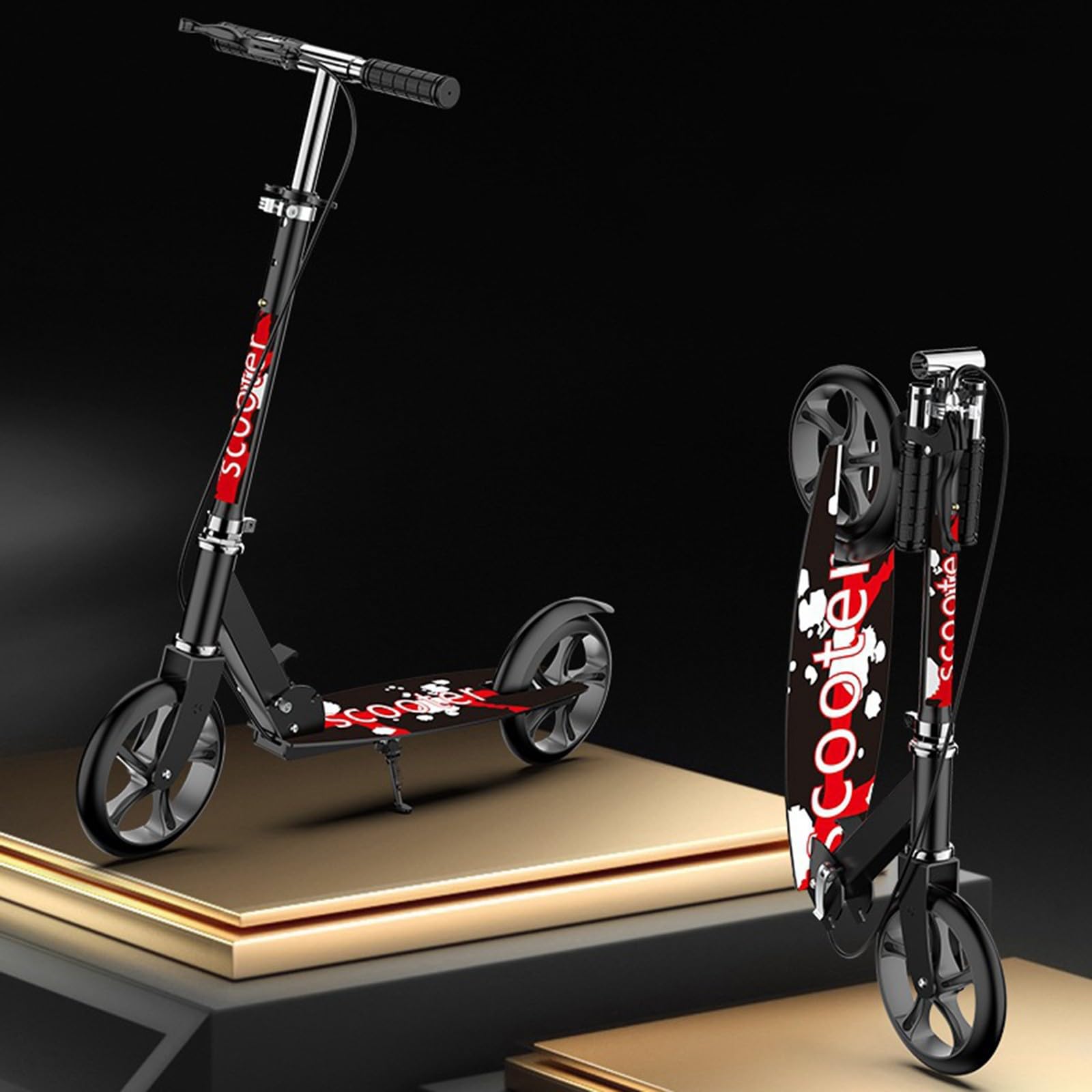 Scooter Plegable FáCil, Rueda De Goma Maciza, Altura Ajustable En 4 Niveles, Pedales Agrandados Y Ensanchados, Capacidad De Carga De 100 Kg, para Adolescentes Y Adultos Black