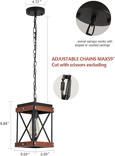 Miniatura 4 de Fivess Lighting Lámpara colgante rústica de granja con jaula de madera y metal, cadenas ajustables de una sola luz, mini lámpara colgante industrial