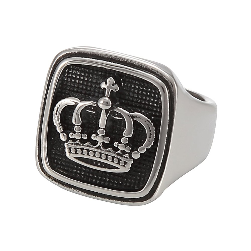 Men's 316L Stainless Steel Vintage Kings Crown Ring - Silver & Black, Size 12
