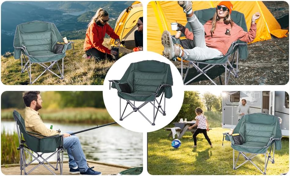 Miniatura 6 de Silla plegable de campamento, silla acolchada, silla de campamento de gran tamaño, silla de césped para adultos, bolsa de transporte resistente de