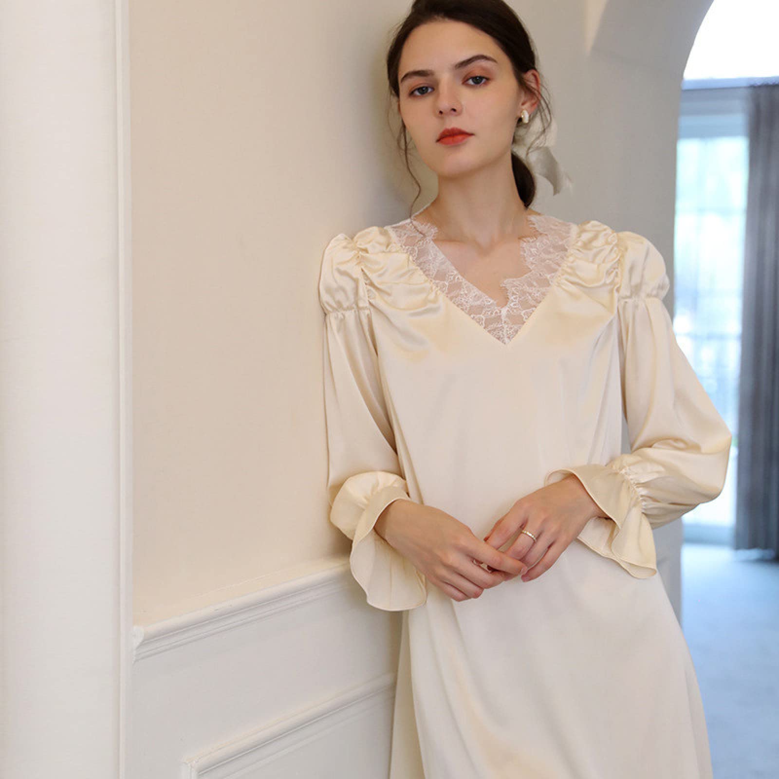 OFFSUM Camicia da Notte Donna - Elegante Camicia da Notte Casual in Pizzo Stile Francese con Scollo A V Primavera Estate Vintage in Raso Tinta Unita Abito da Notte