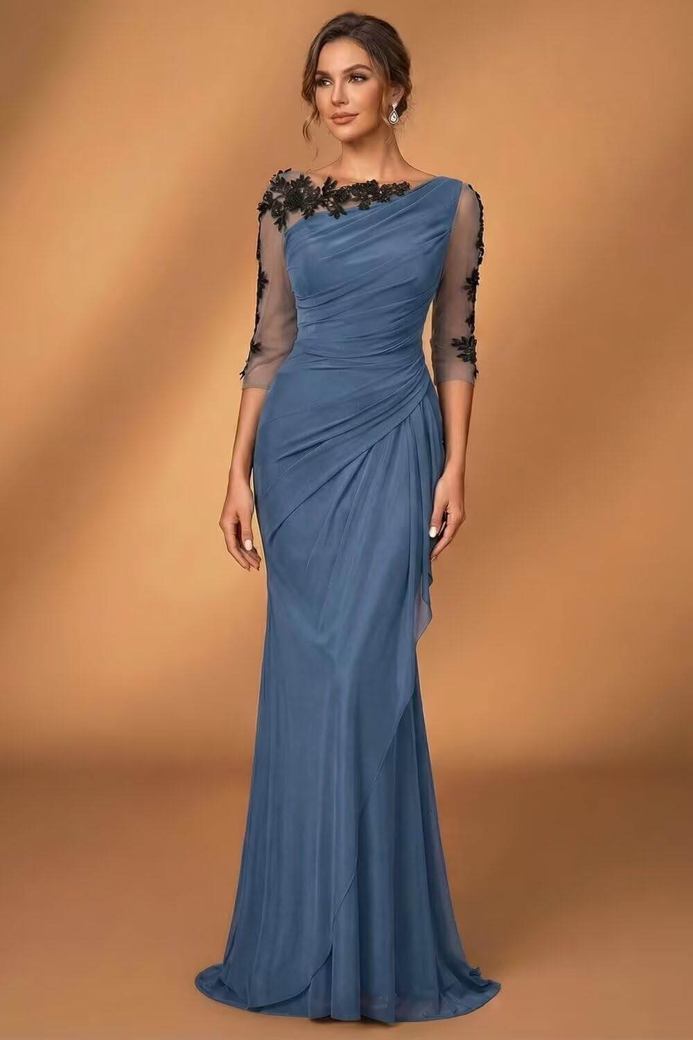 AKLASU Chiffon Mother of The Bride Dresses for Women Lace Applique Ruffle 3/4 Sleeve Mother of the Groom Dresses