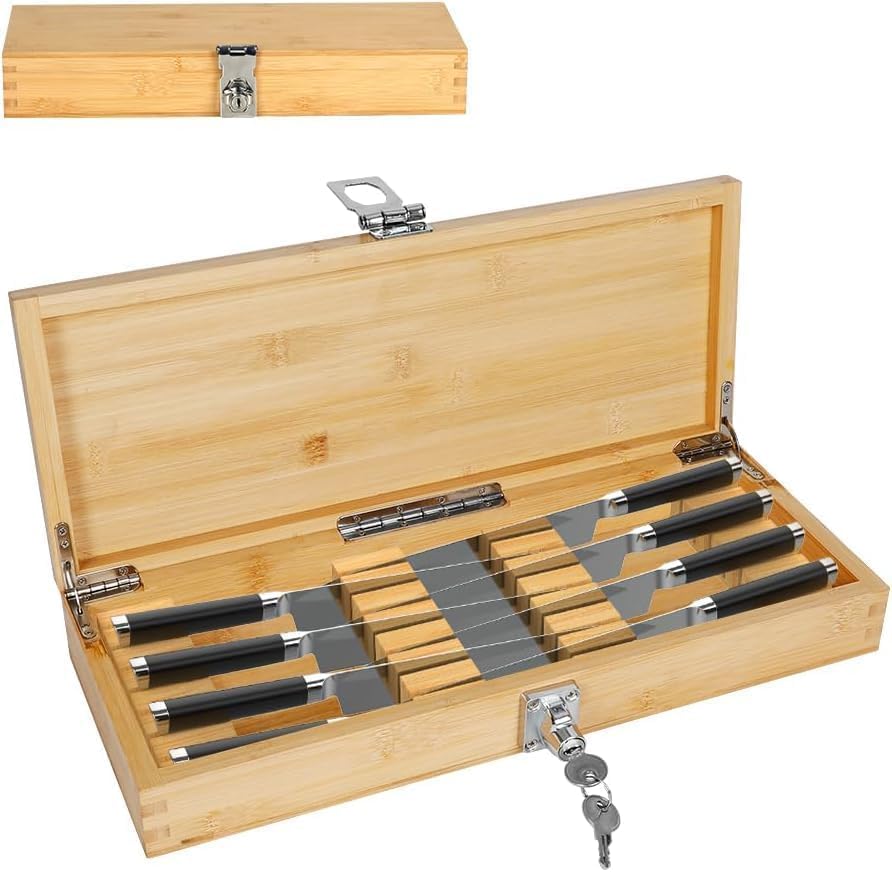 Kitchen Knife Storage Box with Lock - Lockable Bamboo Knife Organizer - Knives Not Included