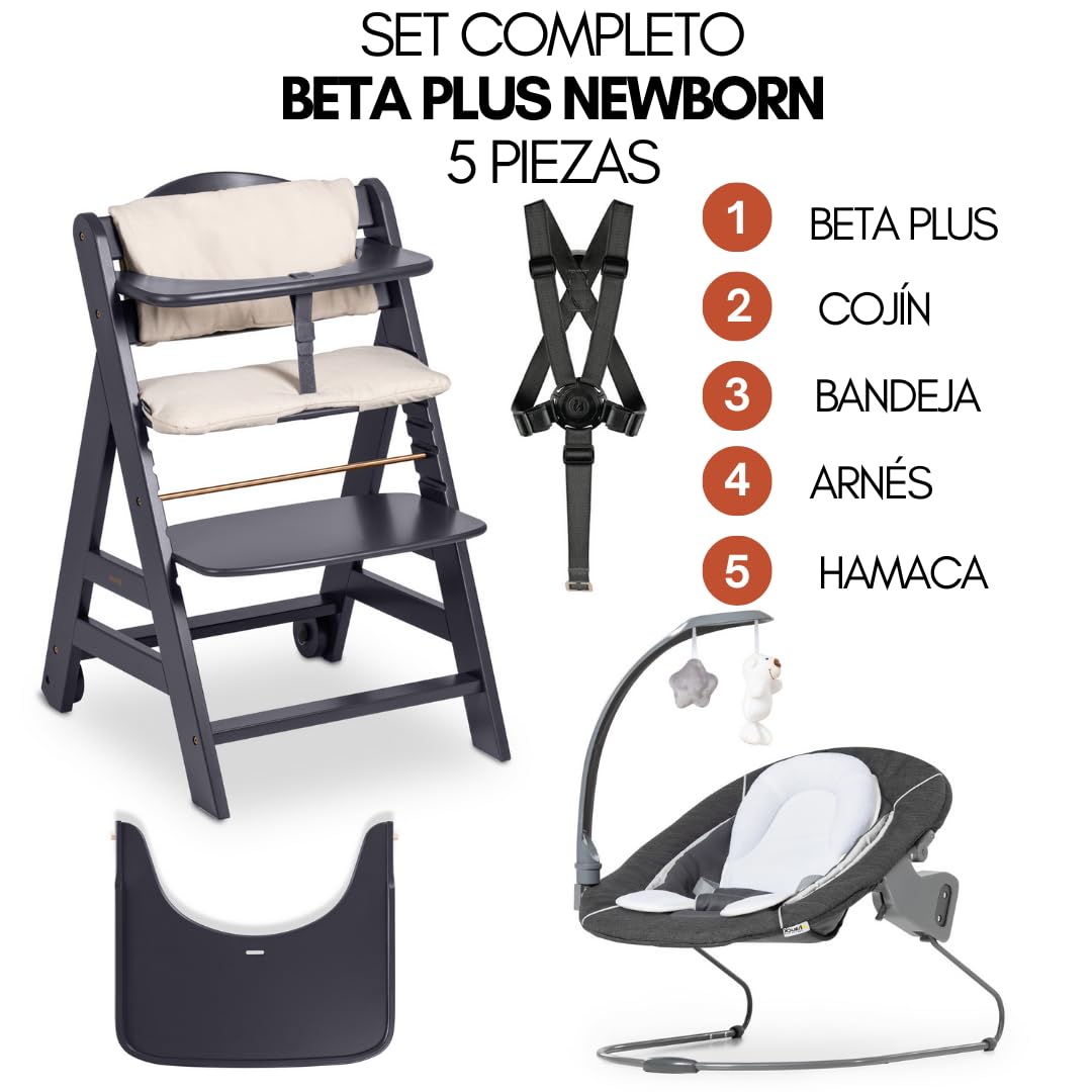 hauck Trona Beta Newborn Set de Trona Evolutiva Bebe apta desde el Nacimiento, Tronas de Bebe Evolutiva con Hamaca, Cojín y Bandeja, Silla Bebe Madera - Melange Grey