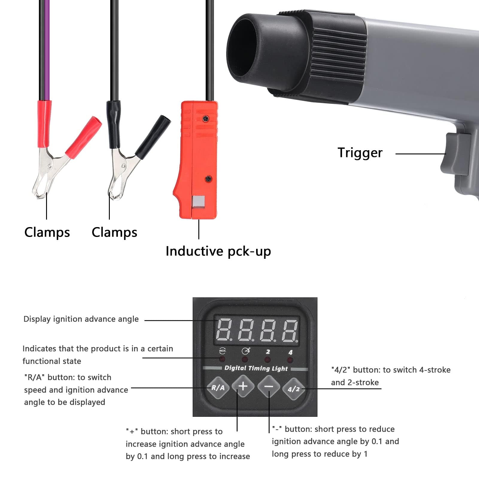 Luce di temporizzazione induttiva digitale da 12 V, luce stroboscopica per temporizzazione dell'accensione automobilistica con display RPM, temporizzazione anticipata regolabile, lampada flash allo
