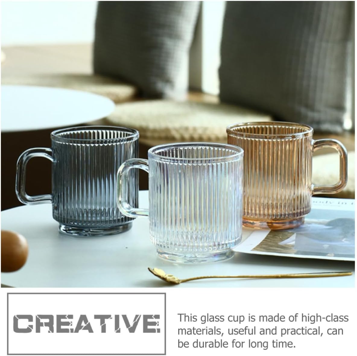 STOBAZA 2 Sets Striped Embossed Texture Glass Water Mugs 340ml Reusable Glass Cups with Wood Lids for Cold Drinks and Daily Use