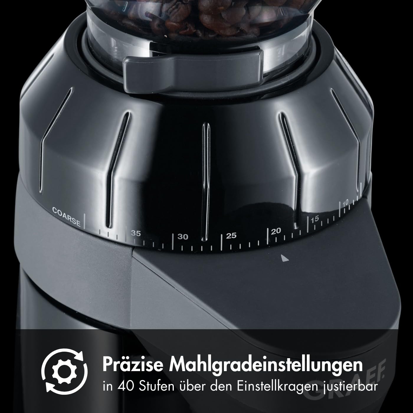 GRAEF CM802 - Macinacaffè elettrico, alloggiamento in alluminio, contenitore per chicchi 350 g, macina a cono in acciaio inox, 40 gradi di macinatura, portafiltro, nero