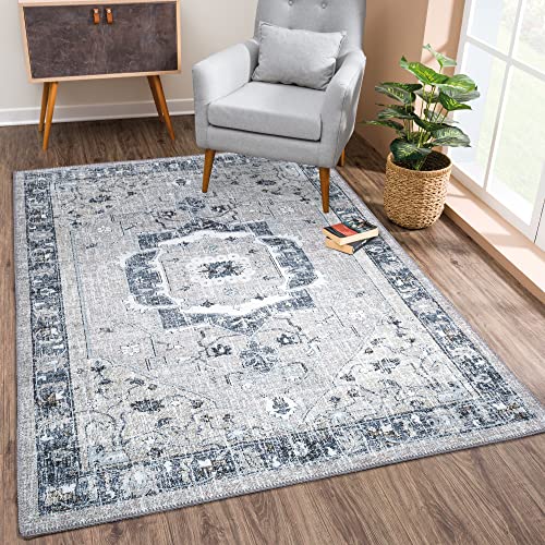 Bloom Rugs Washable Non-Slip 5' X 7' Rug - Pebble Gray/Blue Traditional Medallion Area Rug For Living Room, Bedroom, Dining Room, And Kitchen - Exact Size: 5' X 7' #TOP7